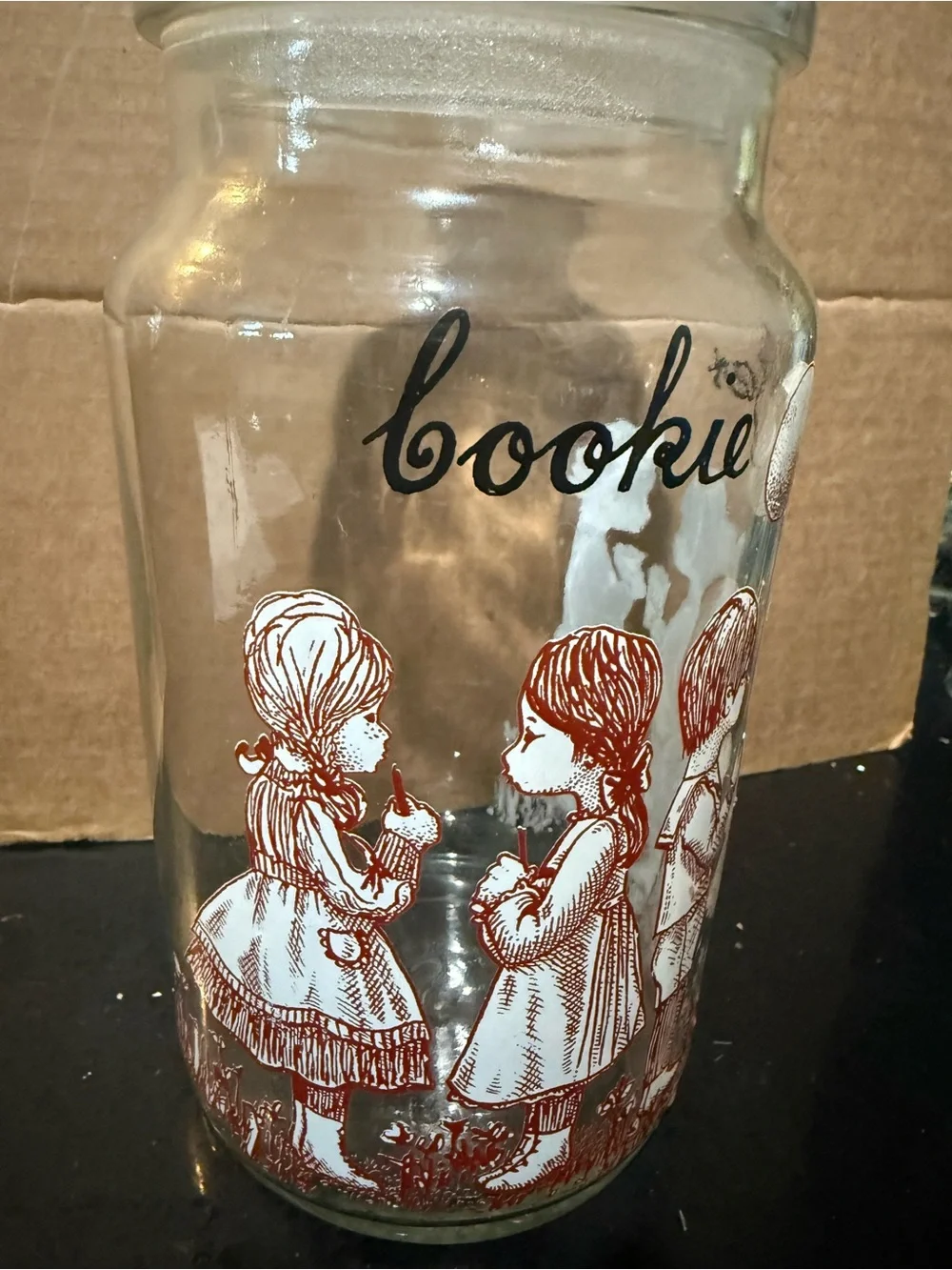 Glass Cookie Jar with Vintage Children Illustration